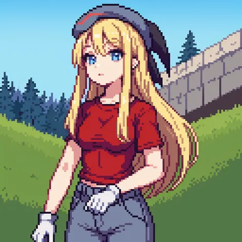 1girl, long blonde hair, blue eyes, gray beret, red t-shirt white gloves, gray pants, grassland on background