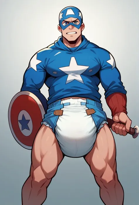 a grown up man wearing a Captain America themed onesie, holding his shield, with a full diaper, highly detailed, 8k