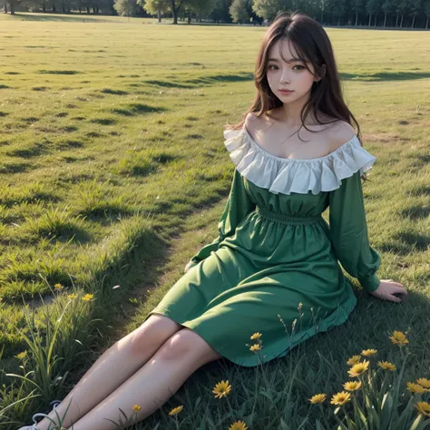 Fiusha color dress,sitting on a green meadow.