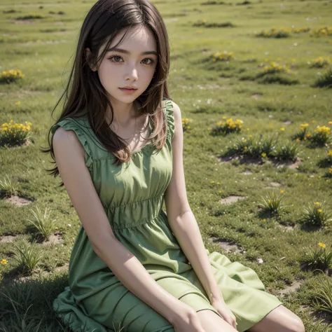 Fiusha color dress,sitting on a green meadow.