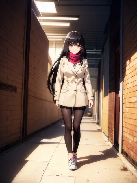 1girl,,legwear,,anklet,black hair,straight_hair,hime cut,long hair,sneakers,huge filesize,scarf，Uniforms