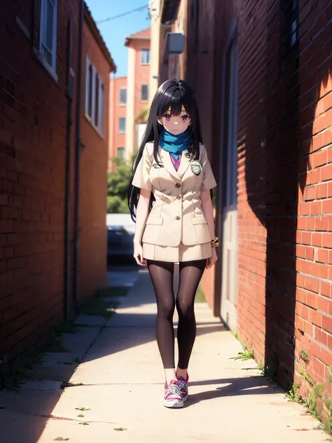 1girl,,legwear,,anklet,black hair,straight_hair,hime cut,long hair,sneakers,huge filesize,scarf，Uniforms