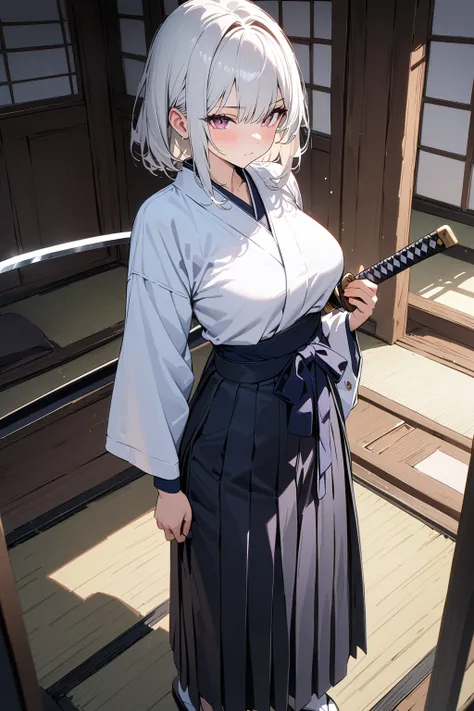 (masterpiece, best quality:1.5), (ultra detailed, high resolution, 8k, beautiful detailed, UHD, best anatomy), 1 cute girl, white hair, medium breasts, Womens Hakama, Japanese Samurai, Japanese sword, kamishimo, tabi, Japanese sword at the ready