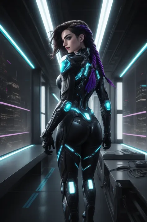 rear view of anne hathaway striking in an imposing futuristic post-apocalyptic cyberpunk environment full of technological detai...