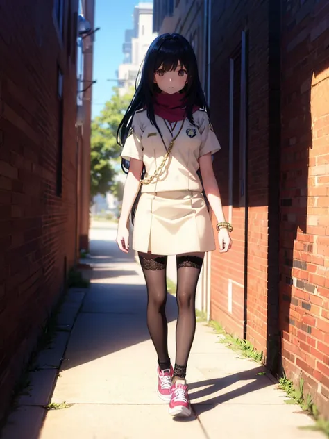 1girl,,legwear,,anklet,black hair,straight_hair,hime cut,long hair,sneakers,huge filesize,scarf，Uniforms，lace