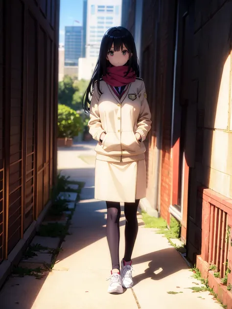 1girl,,legwear,,anklet,black hair,straight_hair,hime cut,long hair,sneakers,huge filesize,scarf，Uniforms，lace