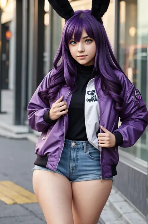 1 girl, purple hair, purple eyes, rabbit ears,big thighs, jacket, anime