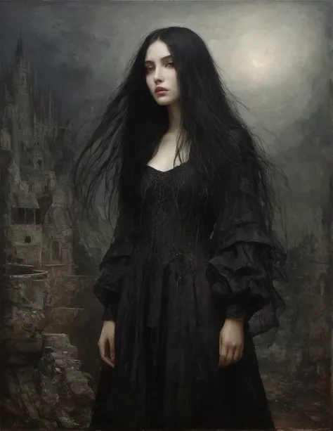 James Gurney, Surrealist art , dream-like, Mysterious, Provocative, symbolic, Complex, detailed,, (Gothic but very beautiful:1.4), (masterpiece, highest quality:1.4) , Nicola Samori Style, young girl with long black hair, gray eyes, traveler clothes