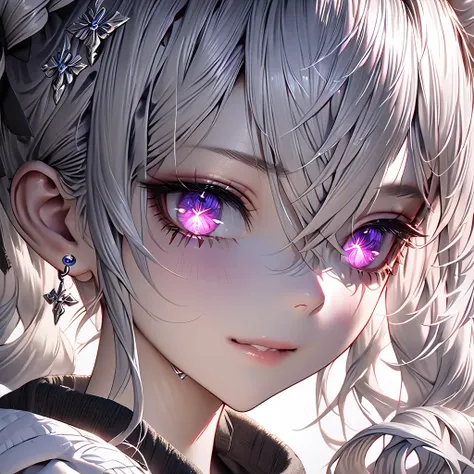 A highly detailed portrait of an adult Bronya Zaychick from Honkai Impact 3rd, with a silver long ponytail hairstyle, a cold piercing gaze, mystic glowing pupils, a small smile, a scar across her left eye, and some blood coming from the scar on her head, (...