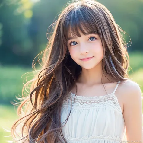 Create an anime-style portrait of a young girl with vibrant, multi-colored hair that transitions from Brown. The girls hair should flow naturally, and she should have 涙ぐむ, expressive blue eyes. Her expression should be soft and gentle, with a warm and kind...