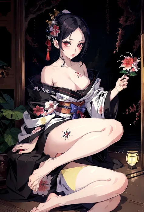 (masterpiece:1,2), best quality, masterpiece, highres, original, extremely detailed wallpaper, perfect lighting,geisha, kimono,Bare shoulder,tattoo,Extreme detail,solo,lustful eyes,look up,Glowing eyes,byobu,moon,Black hair,petal,sexy,open legs,nude,