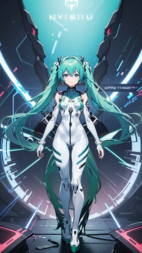 ((((masterpiece, high quality, very_high_resolution, anime colored, Elaborate design, visual art, high quality)))), 1girl, ((((hatunemiku VOCALOID twintails)))), turquoise hair, (((NEON GENESIS EVANGELION plugsuit))), 1girl, headgear, suit color(((white bl...