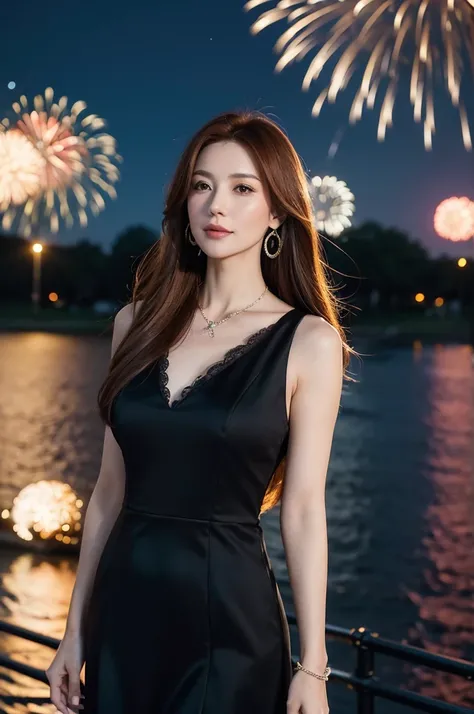 A radiant middle-aged woman with long, straight auburn hair, standing by a riverside at night, watching fireworks. She is dressed in a fashionable, sleeveless black dress with delicate jewelry. The background shows colorful fireworks lighting up the night ...