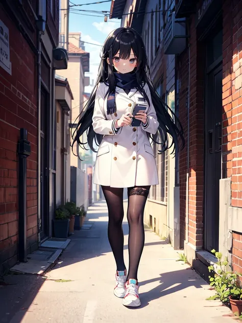 1girl,,legwear,,anklet,black hair,straight_hair,hime cut,long hair,sneakers,huge filesize,scarf，Uniforms，lace