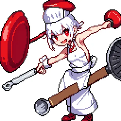 red grill with multiple eyes, cartoon legs, white chef hat, holding a pan and a spatula, thin arms