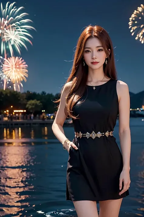 A radiant middle-aged woman with long, straight auburn hair, standing by a riverside at night, watching fireworks. She is dressed in a fashionable, sleeveless black dress with delicate jewelry. The background shows colorful fireworks lighting up the night ...