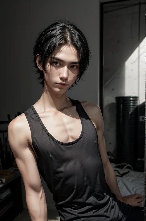 Man in black tank top, tall and fit, with short black hair, while sexy modeling, in different places, in different positions.