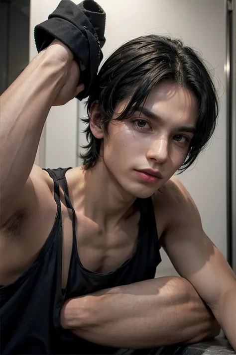 Man in black tank top, tall and fit, with short black hair, while sexy modeling, in different places, in different positions.