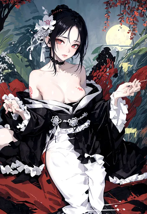 (masterpiece:1,2), best quality, masterpiece, highres, original, extremely detailed wallpaper, perfect lighting,geisha, kimono,Bare shoulder,tattoo,(((Black and white))),Extreme detail,solo,lustful eyes,look up,Glowing eyes,byobu,moon,Black hair,petal,sexy...