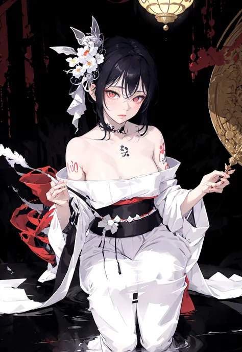 (masterpiece:1,2), best quality, masterpiece, highres, original, extremely detailed wallpaper, perfect lighting,geisha, kimono,Bare shoulder,tattoo,(((Black and white))),Extreme detail,solo,lustful eyes,look up,Glowing eyes,byobu,moon,Black hair,petal,sexy...