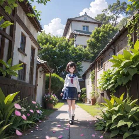 (masterpiece),  town,  blue sky,  One Girl,  smile,  alone,  Sailor suit、Long skirt,  Overgrown,  petal,  plant、Skirt lining、Translucent slip、Nostalgic