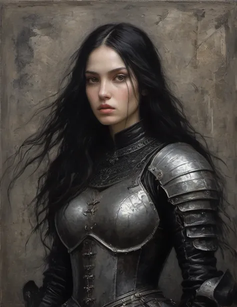 James Gurney, Surrealist art , dream-like, Mysterious, Provocative, symbolic, Complex, detailed,, (Gothic but very beautiful:1.4), (masterpiece, highest quality:1.4) , Nicola Samori Style, young girl with long black hair, gray eyes, leather armor