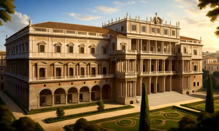 Renaissance painting of the Palace of Julio Cesar, depicts what it was like at that time, a wonderful palace seen from the outside, the facade of the palace.