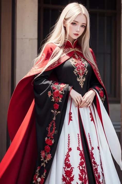 Very beautiful very white woman with long, long hair, red cape, embroidered black dress, full of accessories