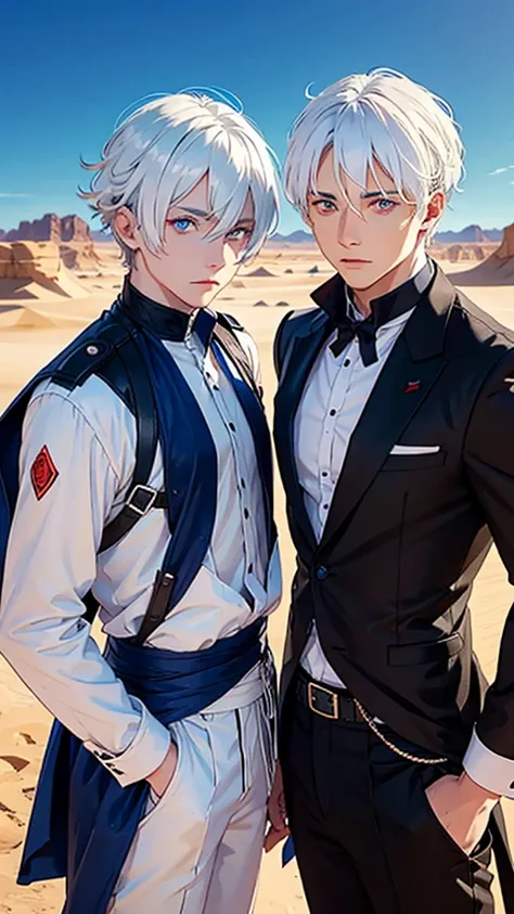 two mens;
friends;
Males;
One has red eyes the other blue eyes;
They both have white hair;

desert background;