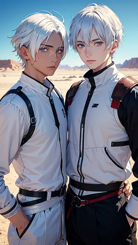 two mens;
friends;
Males;
One has red eyes the other blue eyes;
They both have white hair;

desert background;