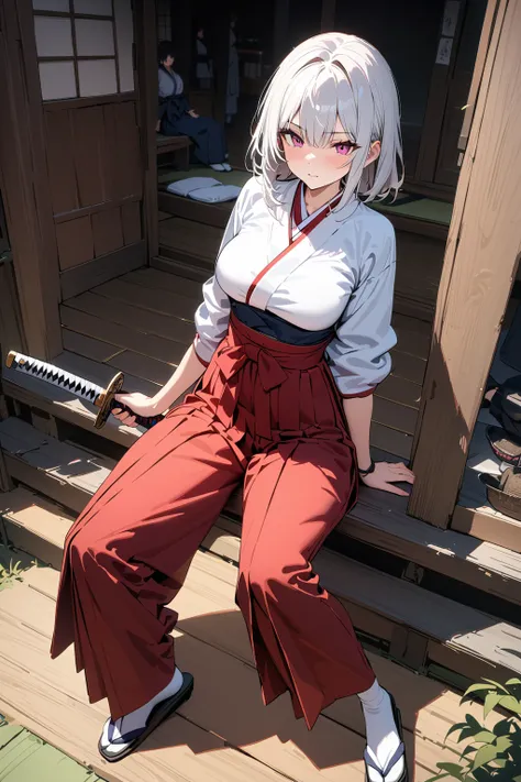 (masterpiece, best quality:1.5), (ultra detailed, high resolution, 8k, beautiful detailed, UHD, best anatomy), 1 cool girl, white hair, medium breasts, Womens Hakama, Japanese Samurai, Japanese sword, kamishimo, tabi, Japanese sword is held in front of him