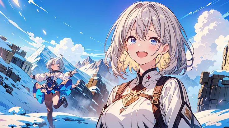 1girl,(((Highest quality、Masterpiece、Official Art、The best dynamic composition、HD、Super detailed)))、Gray and blue gradation hair、overhead shot, upper body, snow mountain, concept art, shedding tears、Jumping, looking up at the sky and smiling with the bigge...