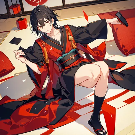 at night,straight black short hair 1man in red triangle pattern kimono,in Japanese room,paper lump,spread his kimono Collar,man sitting on futon,dramatic angle