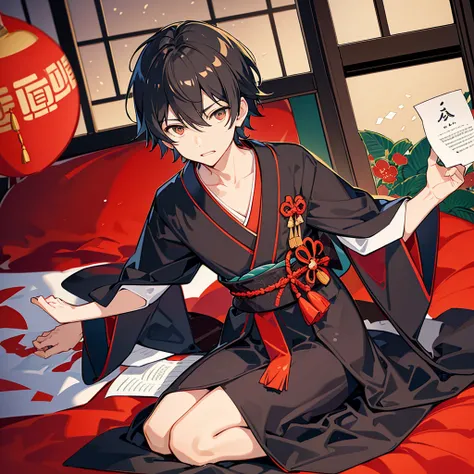 at night,straight black short hair 1man in red triangle pattern kimono,in Japanese room,paper lump,spread his kimono Collar,man sitting on futon,dramatic angle