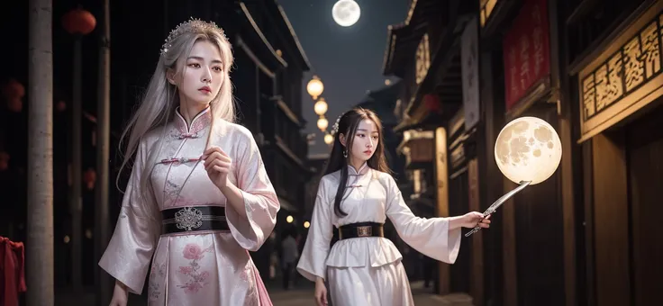 Masterpiece, Best Quality, Night, Full Moon, 1 Girl, Mature Woman, Chinese Style, Ancient China, Sister, Royal Sister, Cold expression, expressionless face, Silver white long haired woman, Light pink lips, Calm, Intellectual, Three belts, Gray pupils, Assa...