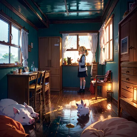 High-definition background, bright and beautiful atmosphere, 3 girls (2 years old, (1 short-tempered round face), (1 child)) (hair, surface effect), color effect), small breasts, blonde hair, fishing boat, rainy season s weather, a girl by the window, a gi...