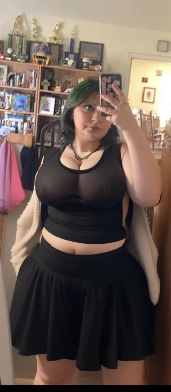 there is a woman taking a picture of herself in a mirror, she has a jiggly fat round belly, her belly is fat and round, 2 2 years old, 18 years old, her belly button is exposed, 2 3 years old, profile photo, 21 years old, she is wearing a black tank top, s...