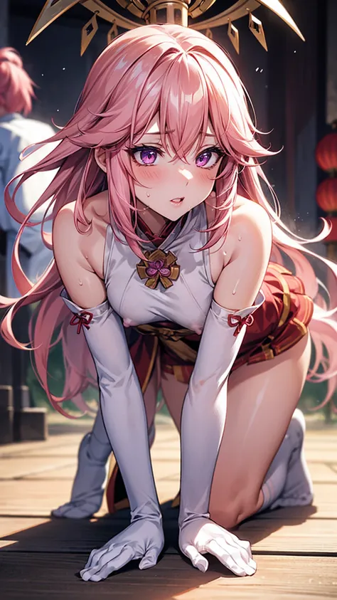 One Girl， （Urzan-6500：0.7）， K-POPアイドル， yae miko， ， Exposed bare shoulders， Pink Hair， Long white hair， Japanese Clothing， The best quality in the best condition， （da pintura：1.5）， （hair ornaments：1.35）， gem， Purple eyes， 耳Nipple Ring， ， Written boundary de...