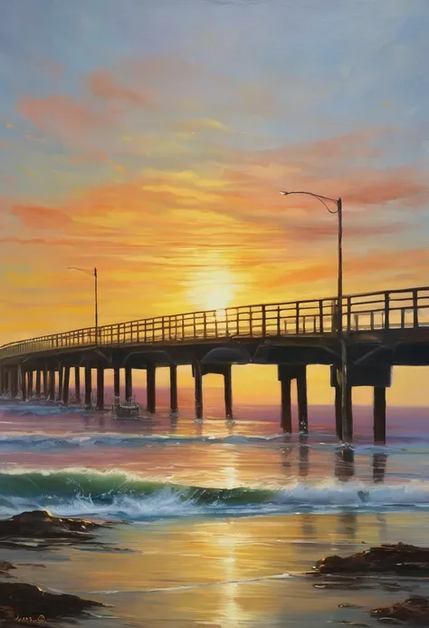 An oil painting，sunrise，Ocean，horizon，peaceful，bridge