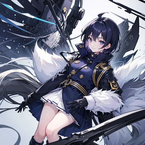 Women, Navy blue right eye, bright golden left eye, lazy smile, black winter jacket, short white skirt, black boots, short violet hair, white blindfolds, black knuckleless gloves.