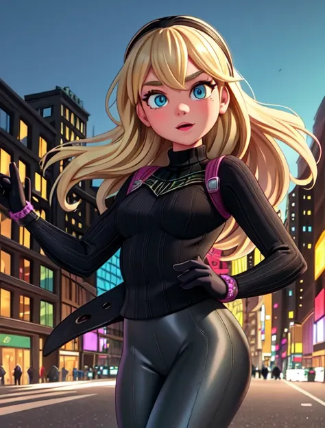 (best quality, masterpiece, colorful, highest detailed) upper body photo, fashion photography of cute (Gwen Stacy:1.2), long blonde hair and bright blue eyes. Shes wearing a Black headband, olive green sweater, shiny black leggings and Ugg Boots. (ultra-de...