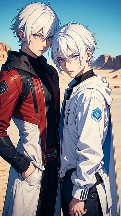 two mens;
friends;
Males;
One has red eyes the other blue eyes;
They both have white hair;

desert background;