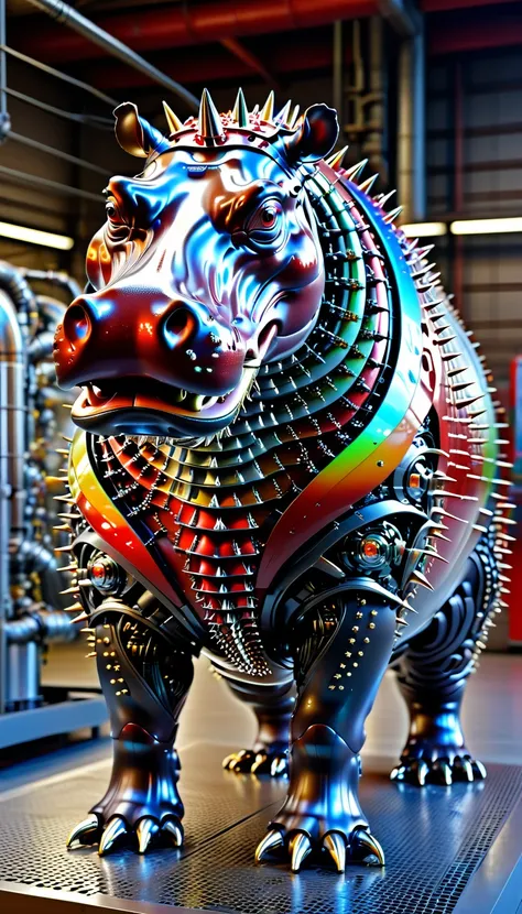 There is no one, Reality Photos, Reality Photos, Realistic photo of a hippopotamus-like creature, spikes, multicolored sparkling, strange and, Surreal and, the other world, A robotic factory with a shiny assembly plant, intricate details, very sharp, Sophi...