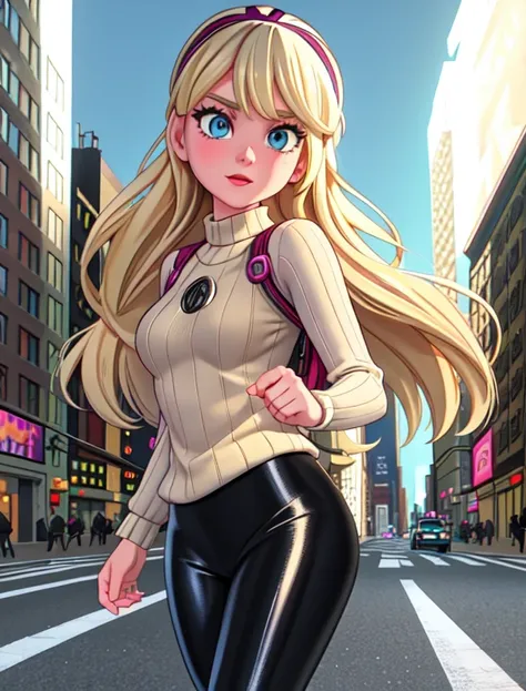 (best quality, masterpiece, colorful, highest detailed) fashion photography of (Gwen Stacy:1.2), long blonde hair and bright blue eyes. Shes wearing a Black headband, olive green sweater, shiny black leggings and Ugg Boots. (ultra-detailed body), (light sm...