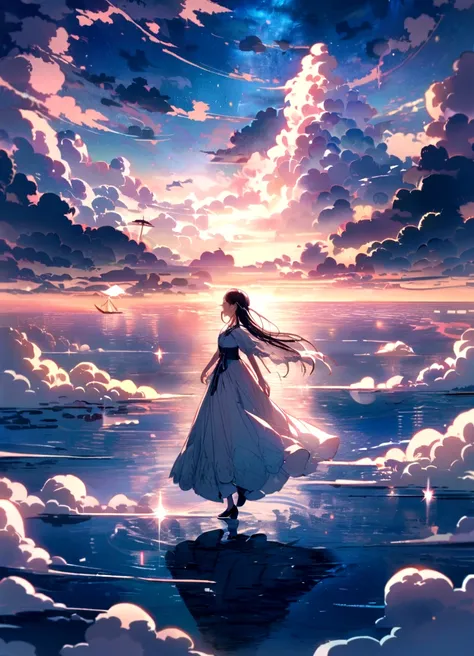 "surrounded by cloud，Beautiful and smooth graphics，Carefully depicted landscape，Light clouds float on the water，Its like a fairyland。Hazy light penetrates the clouds，Reflect stunning light and shadow effects。There is a sea of clouds in the picture，A maiden...