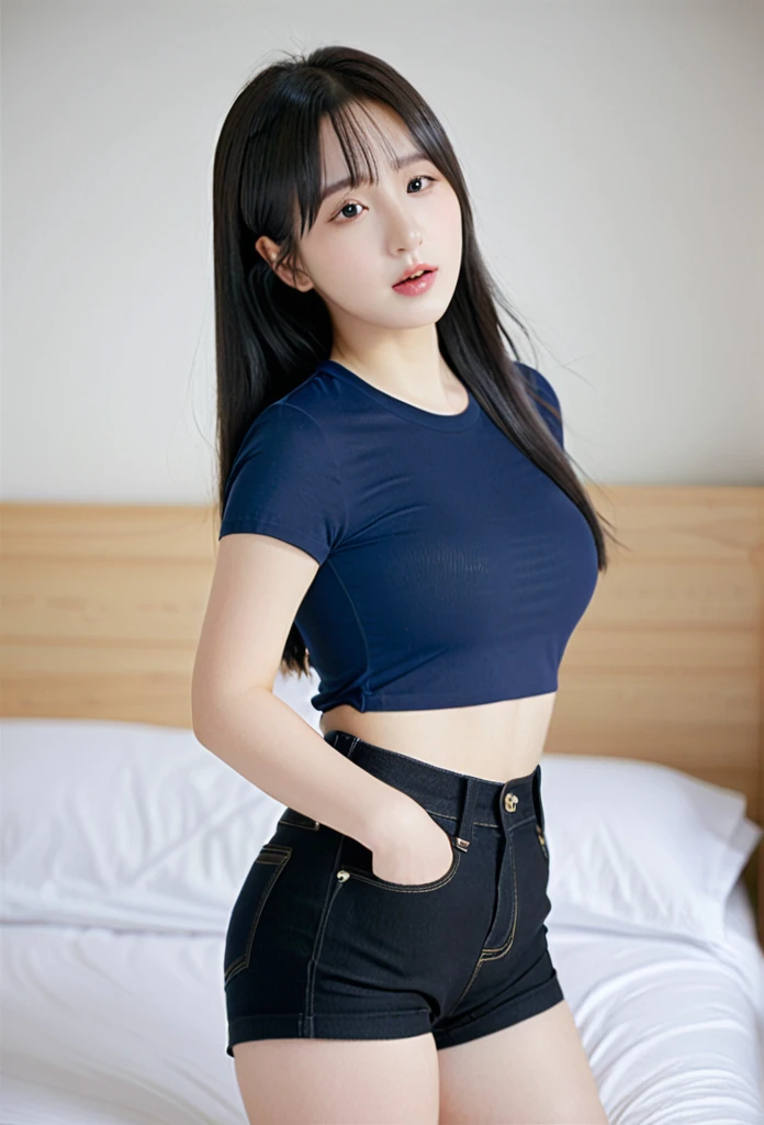 close-up of beautiful South Korean, Eunha is a VIVIZ korean pop girl group, youthful face, white skin body, perfect body, very long hair, black hair, straight hair, bust size 34 inches, wearing a tight plain dark blue t-shirt, wearing a tight plain dark bl...