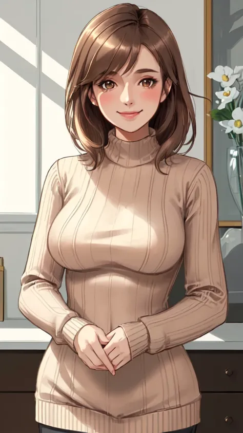 modern house indoors, 1lady solo mature female /(brown medium hair/), ribbed sweater blush kind smile, (masterpiece best quality:1.3) delicate illustration ultra-detailed, large breasts