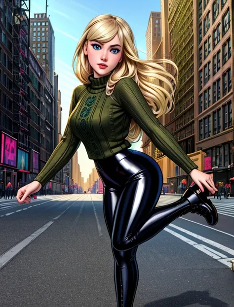 (best quality, masterpiece, colorful, highest detailed) fashion photography of (Gwen Stacy:1.2), long blonde hair and bright blue eyes. Shes wearing a Black headband, olive green sweater, shiny black leggings and Ugg Boots. (ultra-detailed body), (light sm...