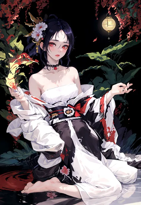 (masterpiece:1,2), best quality, masterpiece, highres, original, extremely detailed wallpaper, perfect lighting,geisha, kimono,Bare shoulder,tattoo,Extreme detail,solo,lustful eyes,look up,Glowing eyes,byobu,moon,Black hair,petal,sexy,open legs,nude,