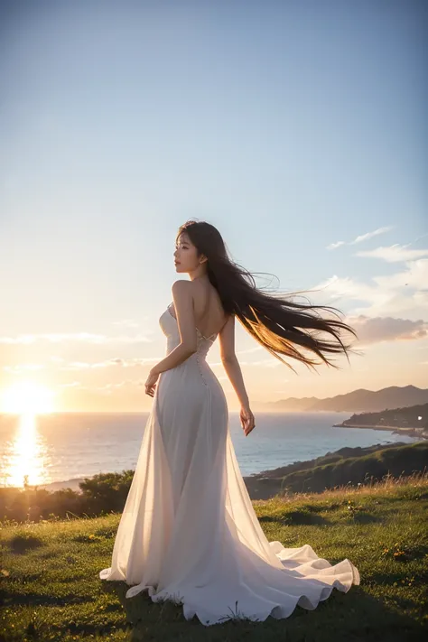 arafed woman in white dress standing on grassy hill overlooking ocean, a picture by Patrick Ching, tumblr, realism, with sunset, with a sunset, beautiful backlight, sun drenched, backlight photo sample, soft sunset lighting, hot with shining sun, with ethe...